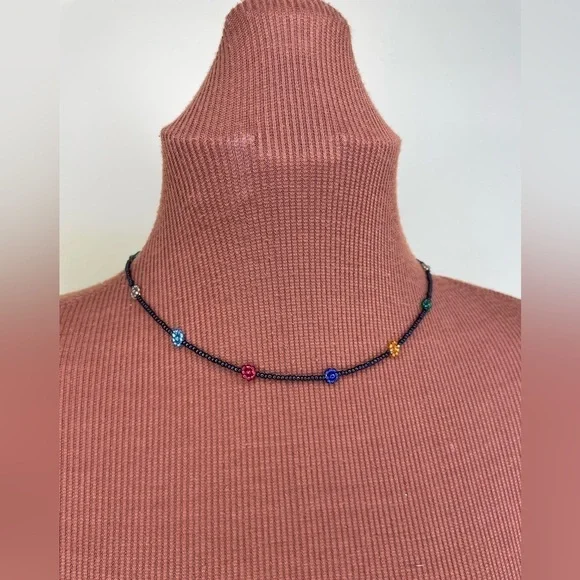 Beaded Flower Choker Necklace, Multicolor Necklace, Minimalist Choker - Picture 1 of 3